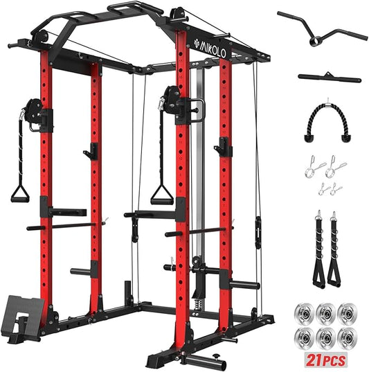 Mikolo Power Cage, Power Rack with Cable Crossover System, 1500LBS Squat Rack with LAT Pull Down System, Workout Cage with Pulley System for Fitness Home Gym-FlexoryFit
