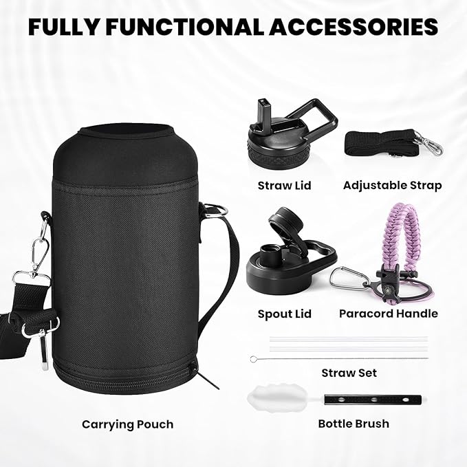 Insulated Water Bottle 64 oz, Triple Wall Vacuum Stainless Steel (Cold for 48 Hrs), Leak Proof & Non-BPA, Half Gallon Water Flask Jug with Paracord Handle & Straw Spout Lids, Lilac-FlexoryFit