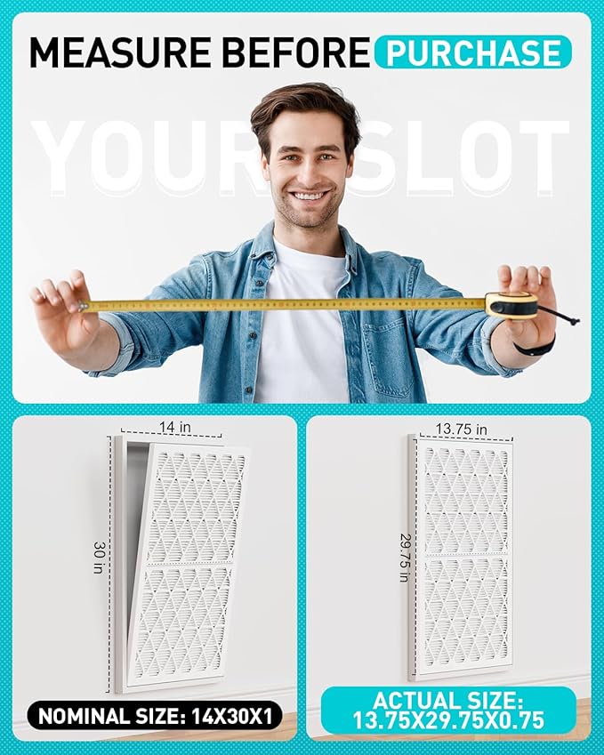 14x30x1 Refillable Air Filter Kit, MERV 8, 1 Reusable Foldable Frame ＆ 6 Refills, Fits Most AC HVAC Furnace Devices, Actual Size 13.75x29.75x0.75in