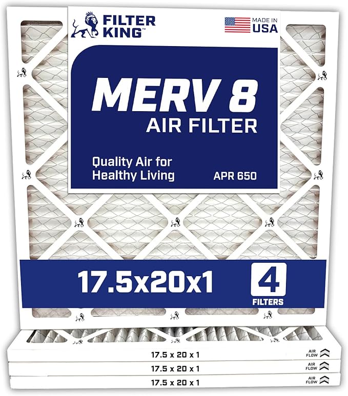 Filter King 17.5x20x1 Air Filter | 4-PACK | MERV 8 HVAC Pleated A/C Furnace Filters | MADE IN USA | Actual Size: 17.5 x 20 x .75"