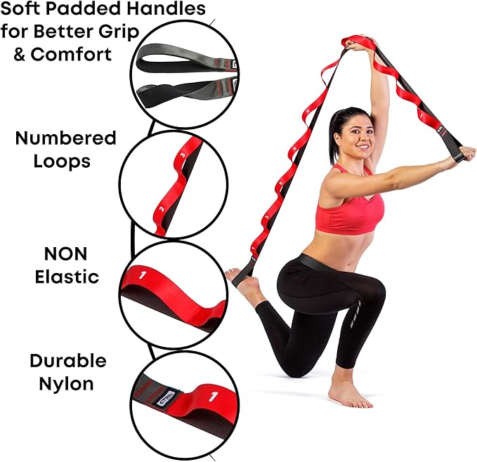 Stretching Strap with Loops - Non Elastic Stretch Band for Physical Therapy, Yoga Strap for Stretching Equipment, Stretch Bands for Exercise and Flexibility - Fascia, Hamstring & Leg Stretcher Belt-FlexoryFit