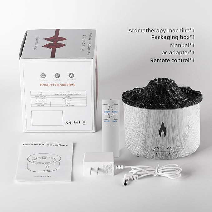 300ml Essential Oil Diffuser, Ice Volcano Flame Aromatherapy Diffusers Fragrant Humidifier Vaporizer with Remote Control, Night Lights, Timer Auto Off for Bedroom Office (Light Wood Grain)