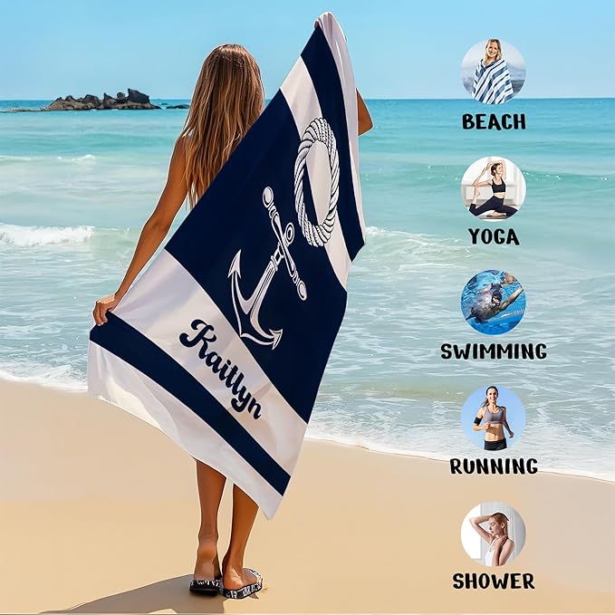 JML Personalized Beach Towel with Name, Custom Anchor Beach Towel, Customized Microfiber Pool Towel, Quick Dry & Absorbent Swim Towel for Adult,Mother's Day, Birthday, Summer Holiday,Vacation-FlexoryFit