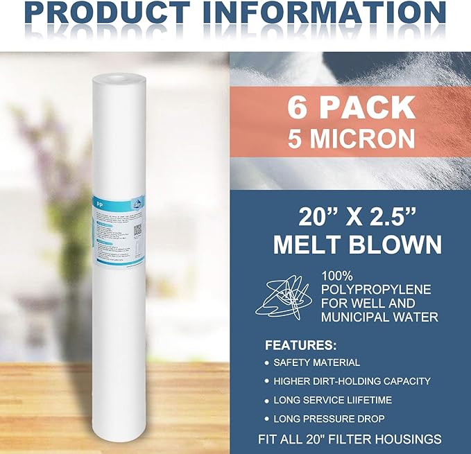 Membrane Solutions 5 Micron Sediment Water Filter Replacement Polypropylene Cartridge 20" x 2.5" for Whole House Filter System - 6 Pack