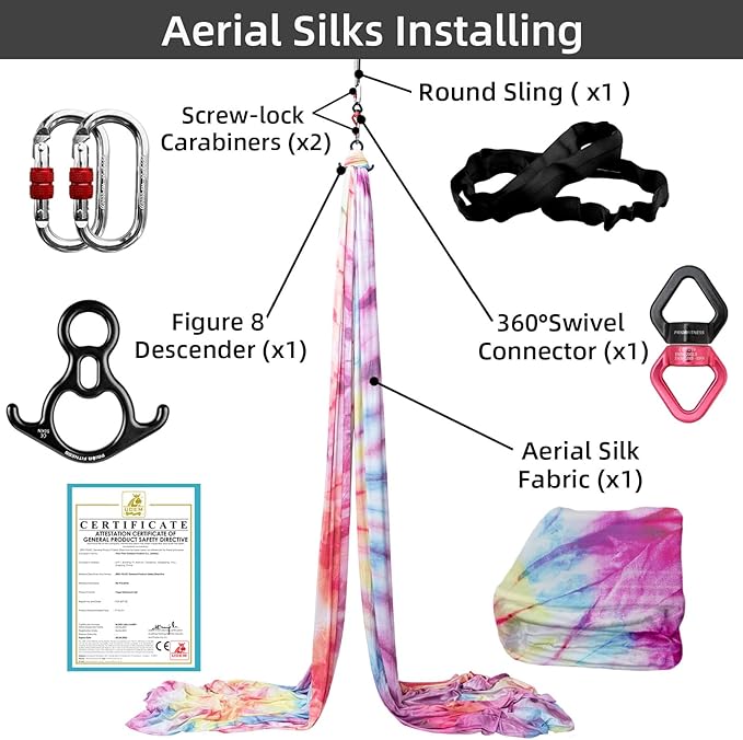 PRIOR FITNESS Aerial Silks Kit Colorful 9/15/20 Yards 40D Nylon Fabric Hammock Set With Hardware & Guide for All Levels Of Aerial Yoga Practice and Acrobatic Flying For Adults Aerial silk-FlexoryFit