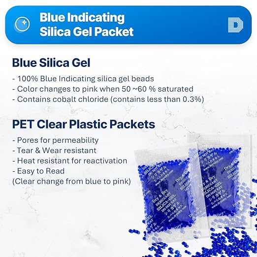 Dry & Dry Blue Indicating(Blue to Pink) Silica Gel Packets Desiccants - Rechargeable Silica Packets, Silica Gel Packs - Blue,Clear,Pink - 50 Packets (10 Gram)