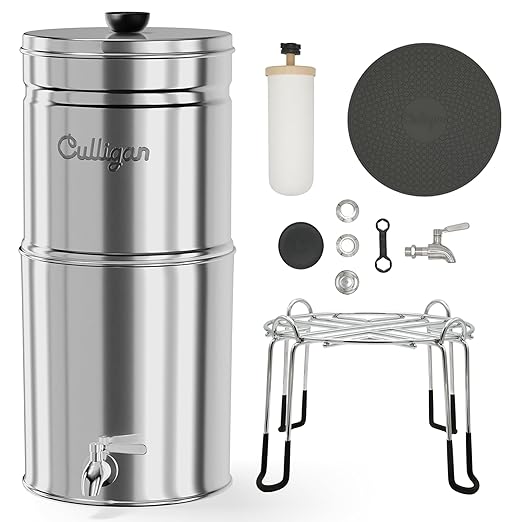 Culligan with MaxClear Technology 3 Gallon Gravity Water Filter System, Polished Countertop Ceramic Water Filter NSF/ANSI Certified to Reduce Lead, Microplastics & Total PFAS, with 1 Filter