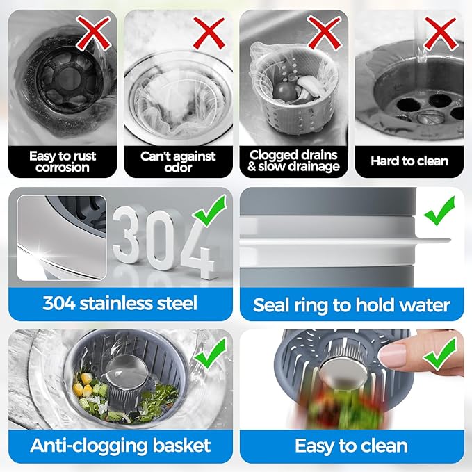 Upgraded 3in1 Kitchen Sink Drain Strainer & Sink Stopper, Stainless Steel Kitchen Drain Plug & Sink Installation Parts with Anti-Clogging Basket, Fit US Standard 3-1/2'' Sink Drain Hole, Silver