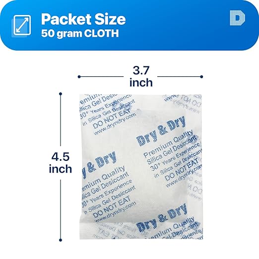 Dry & Dry 50 Gram [100 Packets] Silica Gel Packets Desiccants, Silica Packets - Rechargeable Silica Gel Packs, Desiccants Packets, Silica Gel