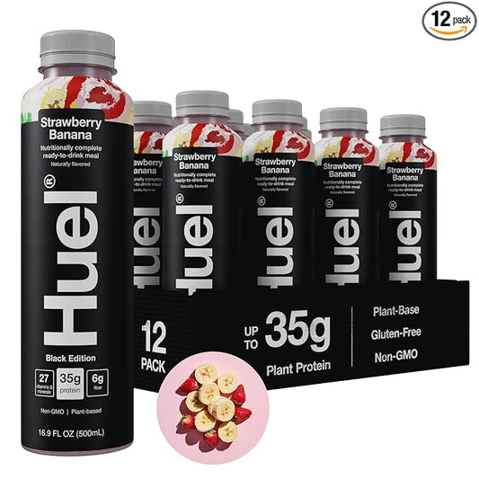 Huel Black Edition Ready-to-Drink | Strawberry Banana Meal Replacement Shake | 35g High Protein Drink | 27 Vitamins & Minerals, Vegan, Gluten Free | Plant Based | Low Sugar | 16.9 Fl Oz, 12 Pack-FlexoryFit