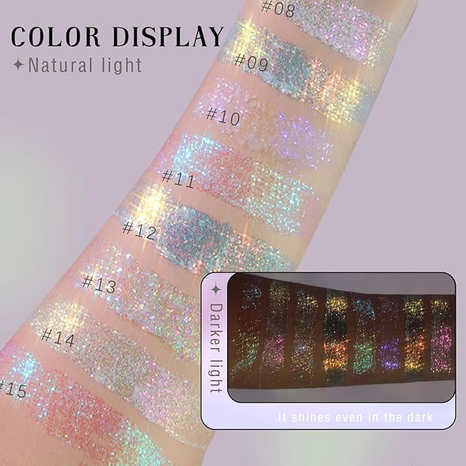 2 Colors Roll-on Body Glitter Gel, Holographic Glitter Gel Under Light for Face Hair, Body Shimmer for Rave Accessories Christmas New Year Halloween Makeup (8+12)-FlexoryFit