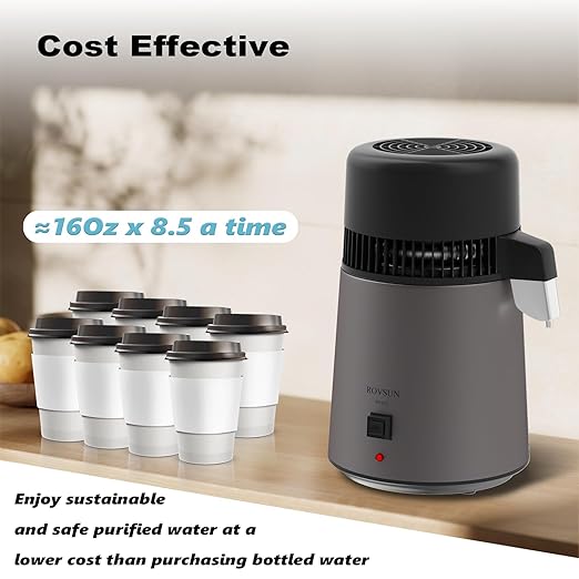 ROVSUN 1.1 Gallon/4L Water Distiller, Countertop Distilled Water Machine with BPA-Free Container, Distilled Water Maker Purifier with Flame-Retardant Material & Stainless Steel Interior, 750W, Gray