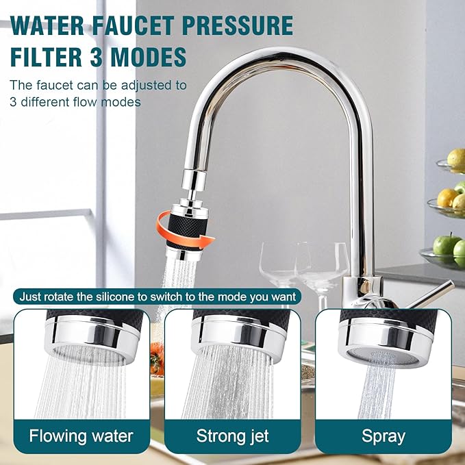 360 ° rotation kitchen faucet nozzle with filter High pressure water saver Bubble mode faucet extender accessory for 3 spray modes (Black)
