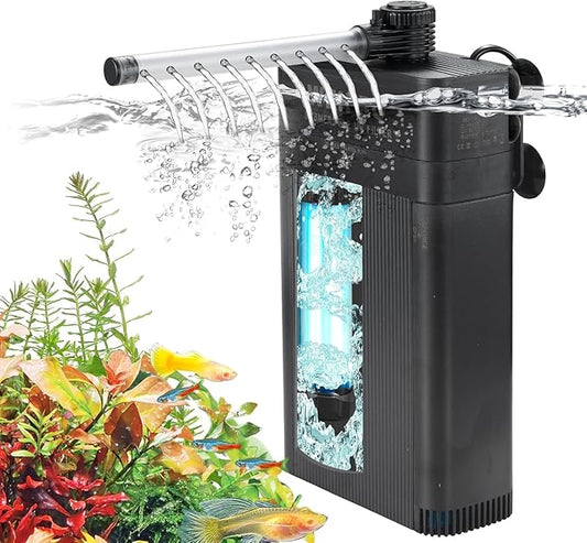 Internal Fish Tank Filter with 9W UV Light, Multi Filter Materials, Adjustable Water Flow Submersible 850L/H Aquarium Filter Pump for 40~60 Gal Freshwater or 25~40 Gal Saltwater, TU-900(225GPH)