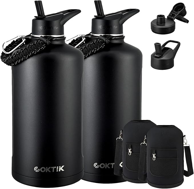 2 Pack 128 oz Insulated Water Bottle, Triple Wall Stainless Steel Flask, Keeps Drinks Cold for 48 Hrs Leak-Proof & BPA-Free Half Gallon Jug with Paracord Handle, Straw & Spout Lids(2 pack,Black)-FlexoryFit