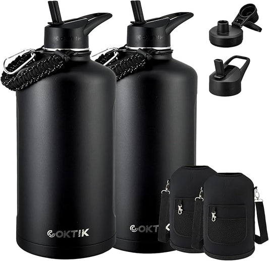 2 Pack 128 oz Insulated Water Bottle, Triple Wall Stainless Steel Flask, Keeps Drinks Cold for 48 Hrs Leak-Proof & BPA-Free Half Gallon Jug with Paracord Handle, Straw & Spout Lids(2 pack,Black)-FlexoryFit