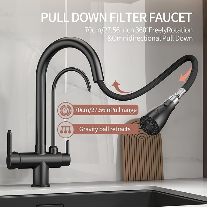 Kitchen Sink Faucet with Pull - Down Sprayer, 2 - Handle 3 - in - 1 Kitchen Sink Filter Faucet, Cold and Hot Mixer Drinking Water Faucet (Black-02)