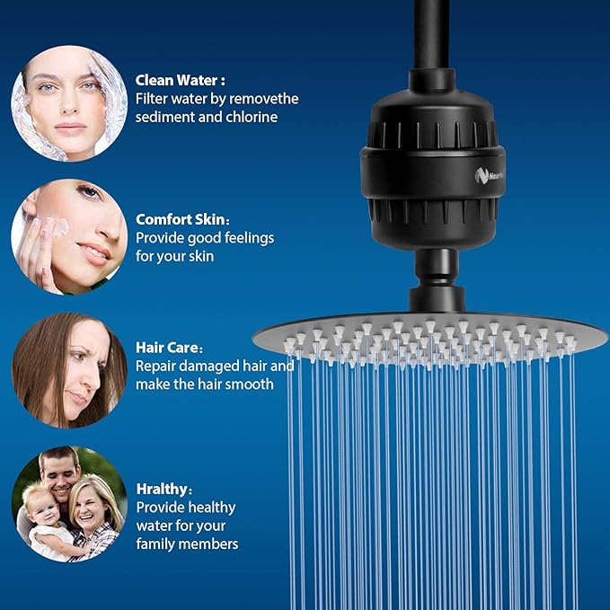 NearMoon Shower Head and 15 Stage Shower Filter Combo, High Pressure Filtered Shower for Hard Water, Improves the Condition of Your Skin, Hair (8 Inch, Black)