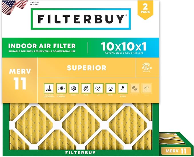 Filterbuy 10x10x1 Air Filter MERV 11 (MPR 1200) Allergen Defense Replacement (2-Pack), Electrostatic Pleated HVAC AC Furnace Filters, Made in USA (Actual Size: 9.50 x 9.50 x 0.75)
