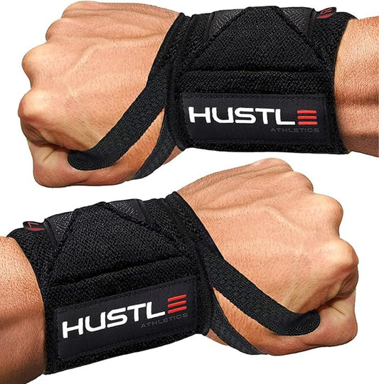 Hustle Athletics Wrist Wraps for Weightlifting – Max Wrist Support for Safe & Heavy Lifts, USPA Approved 18" & 12" Lengths, Thumb Loop Gym Straps for Powerlifting & Weight Lifting for Men and Women-FlexoryFit