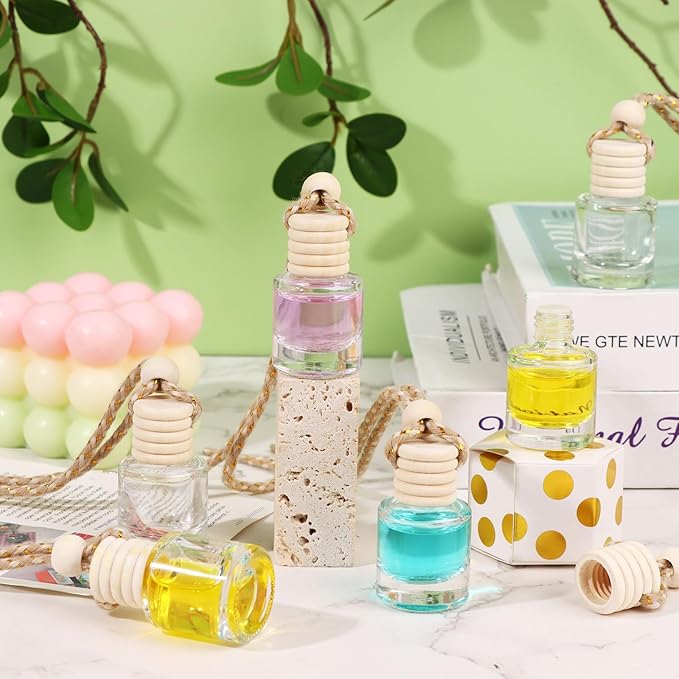 50Pcs Hanging Car Air Freshener Diffuser with Wooden Caps 8ML Empty Clear Car Diffuser Bottles Hanging Glass Essential Diffuser Oil Fragrance Perfume Pendant Glass Vial,Cylindrical