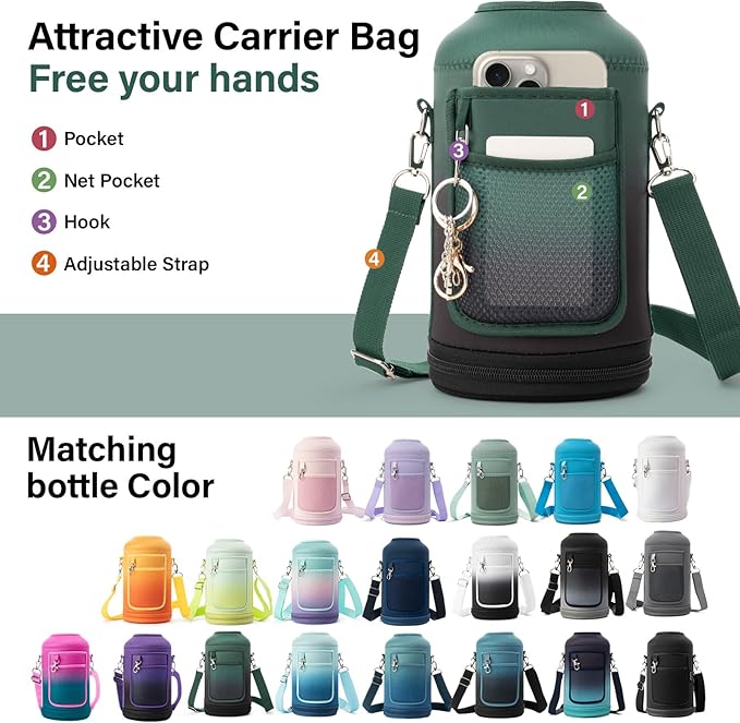 Insulated Water Bottle | Thickened Stainless Steel Vacuum Metal | Portable Sports Half Gallon Large Water Jug for Gym and Hiking with Straw, Carrier Bag, Handle Strap | BPA-Free 64 oz-FlexoryFit