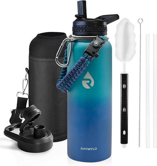 Insulated Water Bottle 40 oz, Triple Wall Vacuum Stainless Steel (Cold for 48 Hrs), Leak Proof & Non-BPA, Modern Water Flask Jug with Paracord Handle & Straw Spout Lids, Cyan Blue-FlexoryFit