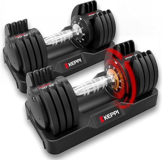 Keppi Adjustable Dumbbells Set-25lb/40lb/55lb/60lb, Anti-Slip Metal Fast Adjust Weight Handle, Exercise & Fitness for Full Body Workout - Adjustable Dumbbell Series-FlexoryFit