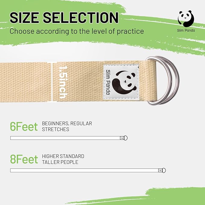 Slim Panda Yoga Strap for Stretching,Cotton Yoga Strap with Adjustable D-Ring Buckle,Non-Elastic Yoga Belt for Pilates,Gym Workouts,Physical Therapy,Improve Flexibility-FlexoryFit