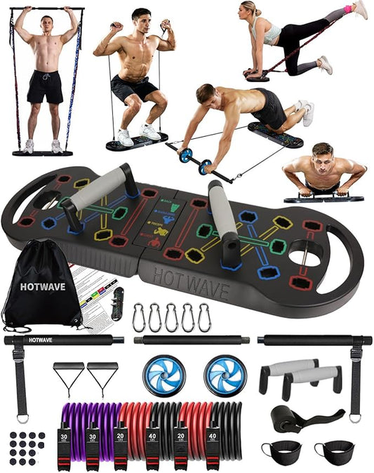 HOTWAVE Portable Exercise Equipment with 16 Gym Accessories.20 in 1 Push Up Board Fitness,Resistance Bands with Ab Roller Wheel,Full Body Workout at Home-FlexoryFit