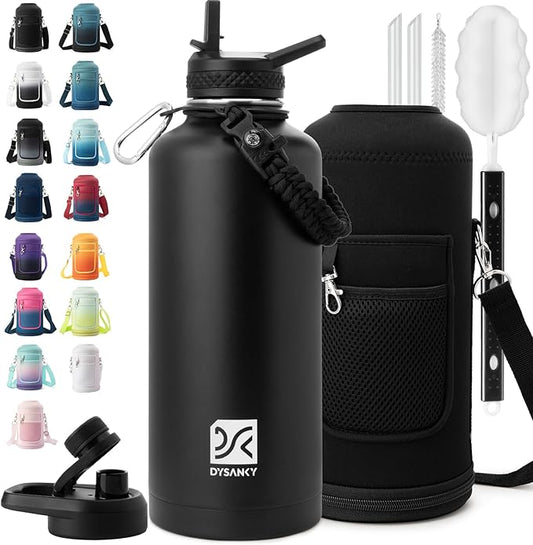 Insulated Water Bottle | Thickened Stainless Steel for Gym and Hiking with Straw, Carrier Bag, Handle Strap | BPA-Free 87 oz-FlexoryFit