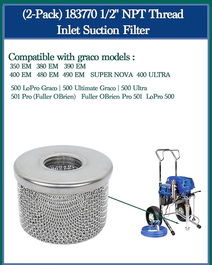 (2pack) 181073 Pump Inlet Strainer Filter 1/2" NPT Thread, Double-Layer Stainless Steel Compatible withGraco 350 EM,380 EM,390 EM, 400 EM, 480 EM, 490 EM,500, Super NOVA, Paint Sprayers