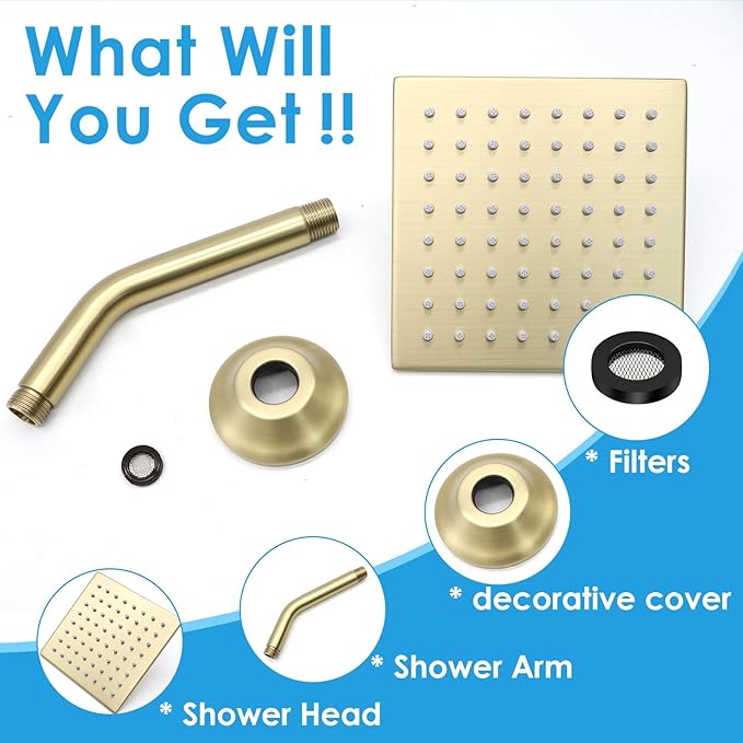 6 Inch Square Shower Head Stainless Steel High Pressure Rain Shower Heads with Extension Arm Adjustable Angle Replacement Luxury Shower Head for Modern Bathroom (Square, Brushed Gold)