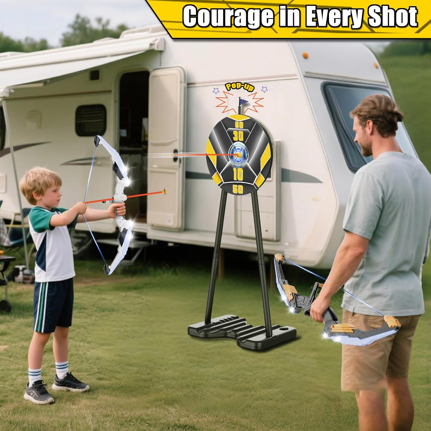 TIGTECGAME 2 Pack Bow and Arrow for Kids, LED Light Up Archery Set with 20 Suction Cup Arrows, 1 Standing Target with Flag Score, Indoor Outdoor Play Sport Toys Gifts for Kids, Boys & Girls Ages 3-12