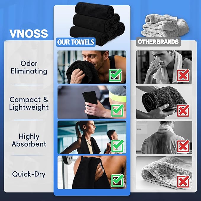 Microfiber Gym Towels for Working Out, Quickly Dry Yoga Towels for Men & Women Tennis, 16 Inch x 27 Inch, 6 Pack, Black-FlexoryFit
