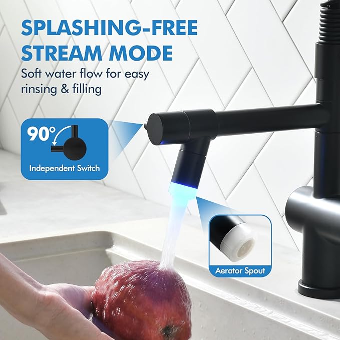 VFAUOSIT Kitchen Faucets with LED Light, Commerical Black Kitchen Faucet with Pull Down Sprayer, Stainless Steel High-arc Kitchen Sink Faucet wiht Single Handle for Modern RV Camper Laundry Bar Sink