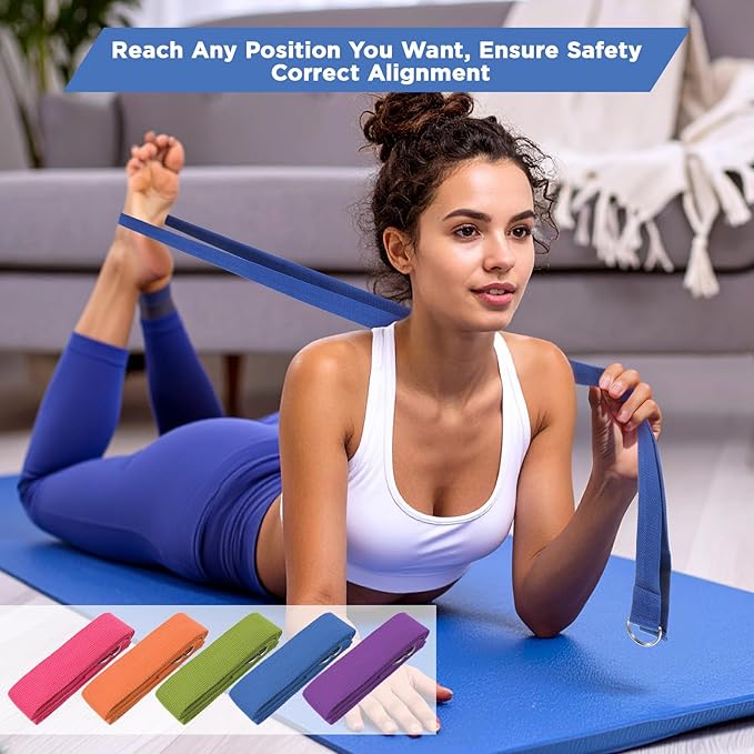 10 Pcs Yoga Strap 8ft Yoga Stretching Exercise Band Stretching Belt with Adjustable Metal D Ring Buckle Loop for Pilates, Dance, Physical Therapy, Gym Workout-FlexoryFit