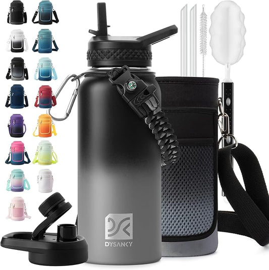 Insulated Water Bottle | Thickened Stainless Steel Vacuum Metal | Portable Sports Water Jug for Gym and Hiking with Straw, Carrier Bag, Handle Strap | BPA-Free 32 oz-FlexoryFit