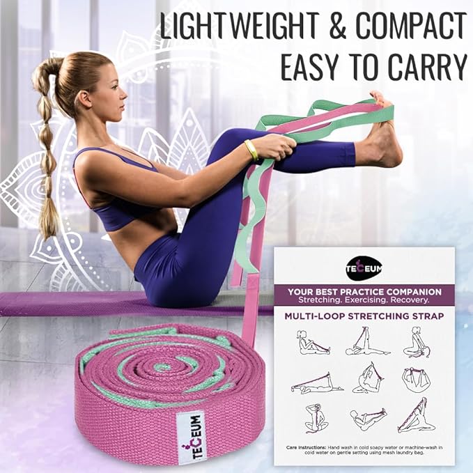TECEUM Stretching Strap for Yoga & Physical Therapy – 10 Loops – Non-Elastic Leg Stretch Straps for Stretching, Exercising, Pilates, Post-Injury Rehabilitation for All Levels – Men & Women-FlexoryFit