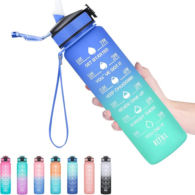 Hyeta 32 oz Water Bottles with Times to Drink and Straw, Motivational Water Bottle with Time Marker, Leakproof, Drinking Sports Water Bottle for Fitness, Gym and Outdoor-FlexoryFit