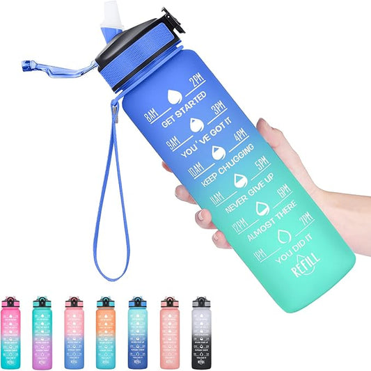 Hyeta 32 oz Water Bottles with Times to Drink and Straw, Motivational Water Bottle with Time Marker, Leakproof, Drinking Sports Water Bottle for Fitness, Gym and Outdoor-FlexoryFit
