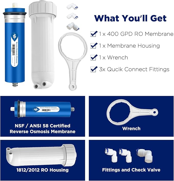 Membrane Solutions 400 GPD RO Membrane with Housing Set, Reverse Osmosis Membrane and 1812/2012 Housing for Maple Syrup DIY and Aquarium Water Systems (4 Pack)