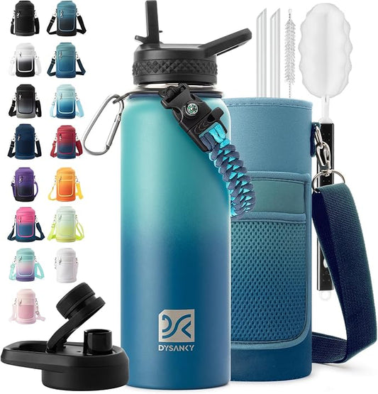 Insulated Water Bottle | Thickened Stainless Steel Vacuum Metal | Portable Sports Water Jug for Gym and Hiking with Straw, Carrier Bag, Handle Strap | BPA-Free 40 oz-FlexoryFit