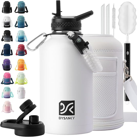 Insulated Water Bottle | Thickened Stainless Steel Vacuum Metal | Portable Sports Half Gallon Large Water Jug for Gym and Hiking with Straw, Carrier Bag, Handle Strap | BPA-Free 64 oz-FlexoryFit