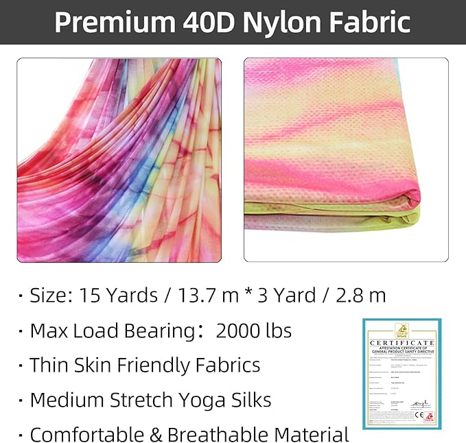 PRIOR FITNESS Aerial Silks Kit Colorful 9/15/20 Yards 40D Nylon Fabric Hammock Set With Hardware & Guide for All Levels Of Aerial Yoga Practice and Acrobatic Flying For Adults Aerial silk-FlexoryFit