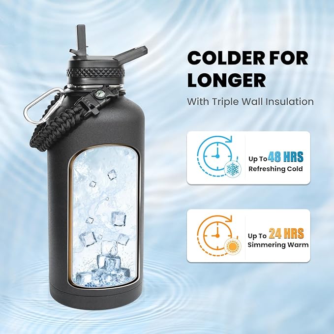 Insulated Water Bottle 87 oz, Triple Wall Vacuum Stainless Steel (Cold for 48 Hrs), Leak Proof & Non-BPA, Modern Water Flask Jug with Paracord Handle & Straw Spout Lids, Magic Black-FlexoryFit