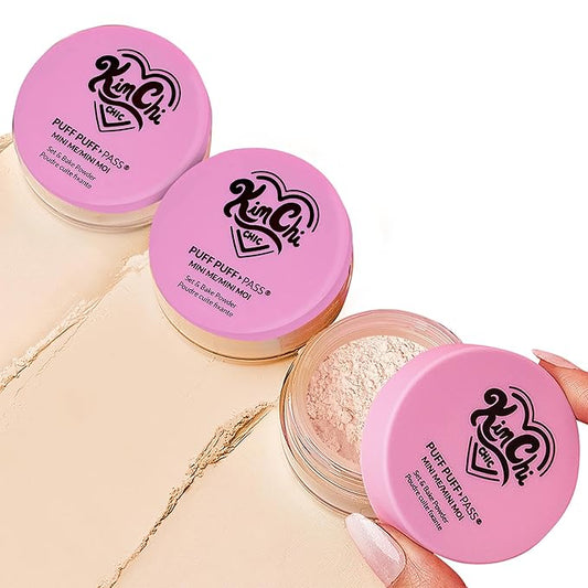 KimChi Chic Puff Puff Pass Mini Translucent Set of 3 - Lightweight Loose Setting Powder with Rice Powder & Vitamin E, Oil Absorbing for All-Day Wear, 5g-FlexoryFit
