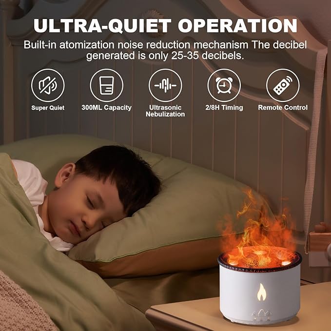 Volcano Humidifier Flame Aroma Diffuser: Ultrasonic Essential Oil Scent Diffuser 300ml Large Capacity 2-in-1 Essential Oil Diffuser with Function Timer for Bedroom Home Office (No Remote Control)