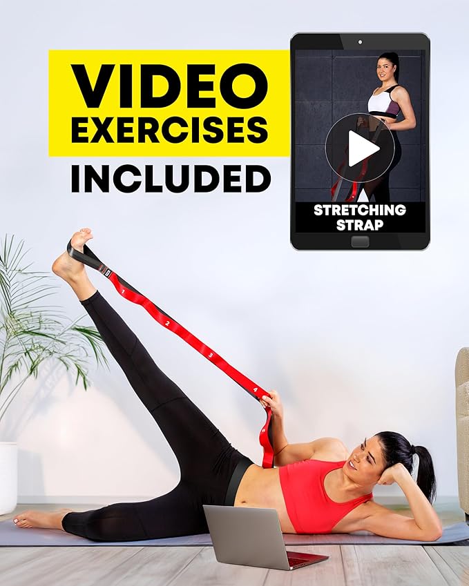 Stretching Strap with Loops - Non Elastic Stretch Band for Physical Therapy, Yoga Strap for Stretching Equipment, Stretch Bands for Exercise and Flexibility - Fascia, Hamstring & Leg Stretcher Belt-FlexoryFit