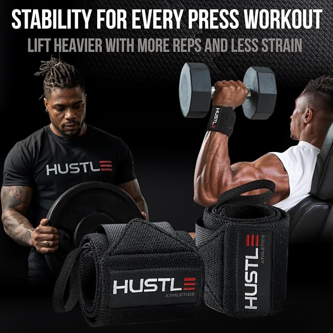 Hustle Athletics Wrist Wraps for Weightlifting – Max Wrist Support for Safe & Heavy Lifts, USPA Approved 18" & 12" Lengths, Thumb Loop Gym Straps for Powerlifting & Weight Lifting for Men and Women-FlexoryFit